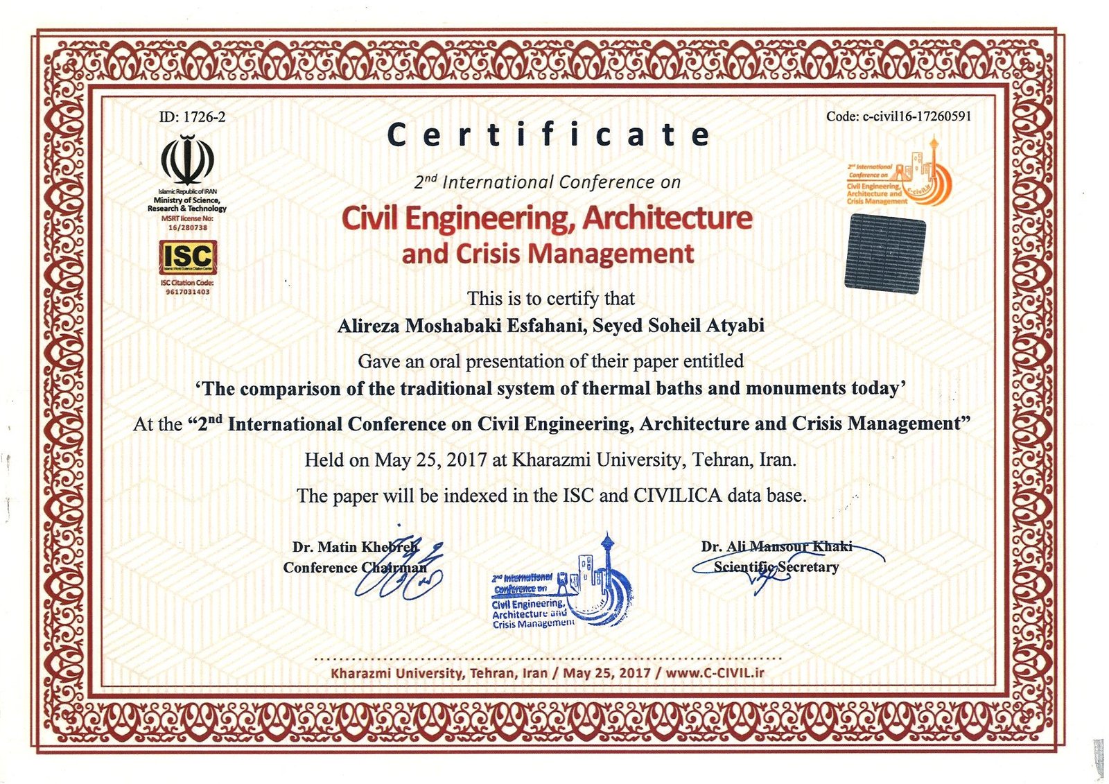 The Comparison of the Traditional System of Thermal Baths and Monuments Today — Oral Presentation in 2nd International Conference on Civil Engineering, Architecture & Crisis Management